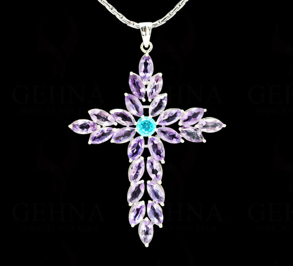 Amethyst & Topaz Cross Shape Gemstone Studded Silver Pendant SP02-1141