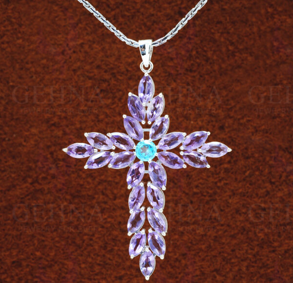 Amethyst & Topaz Cross Shape Gemstone Studded Silver Pendant SP02-1141