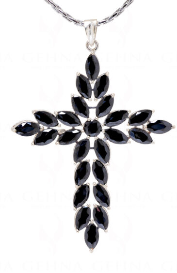 Black Spinel Cross Shape Gemstone Studded 925 Sterling Silver Pendant SP02-1142