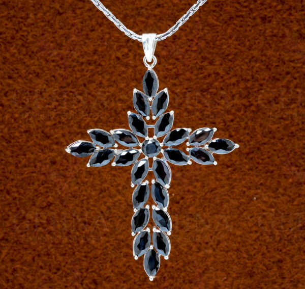 Black Spinel Cross Shape Gemstone Studded 925 Sterling Silver Pendant SP02-1142