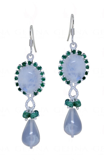 Emerald & Moonstone Gemstone Studded Teardrop Shaped 925 Silver Earring SE04-1143