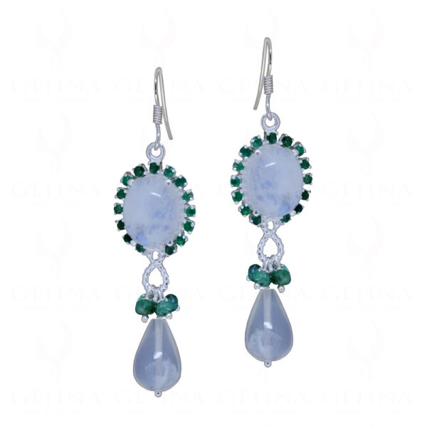 Emerald & Moonstone Gemstone Studded Teardrop Shaped 925 Silver Earring SE04-1143