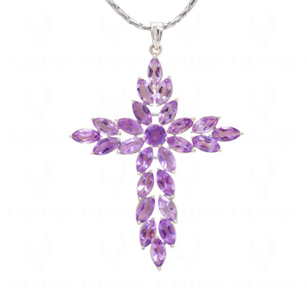 Amethyst Cross Shape Gemstone Studded 925 Sterling Silver Pendant SP02-1143