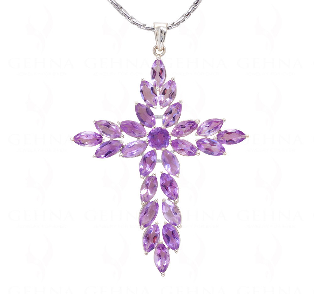 Amethyst Cross Shape Gemstone Studded 925 Sterling Silver Pendant SP02-1143