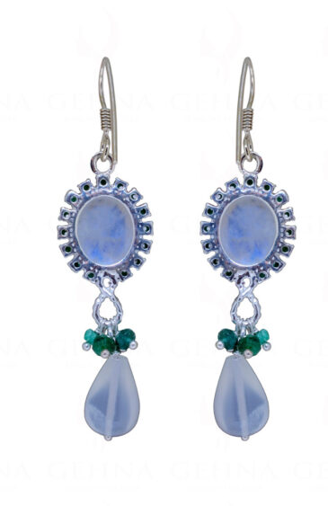 Emerald & Moonstone Gemstone Studded Teardrop Shaped 925 Silver Earring SE04-1143