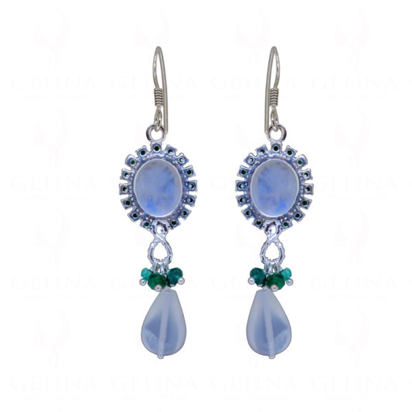 Emerald & Moonstone Gemstone Studded Teardrop Shaped 925 Silver Earring SE04-1143