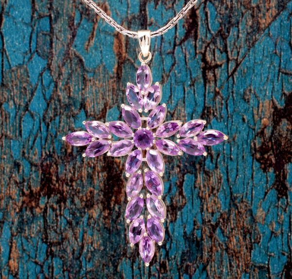 Amethyst Cross Shape Gemstone Studded 925 Sterling Silver Pendant SP02-1143