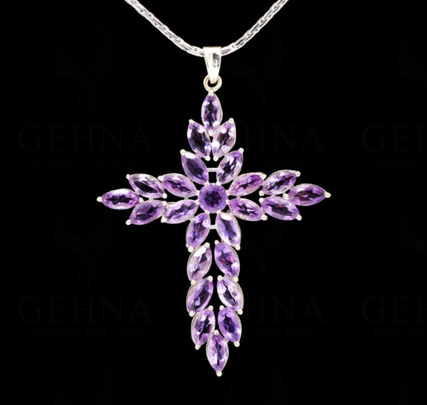 Amethyst Cross Shape Gemstone Studded 925 Sterling Silver Pendant SP02-1143