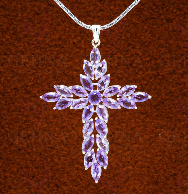 Amethyst Cross Shape Gemstone Studded 925 Sterling Silver Pendant SP02-1143