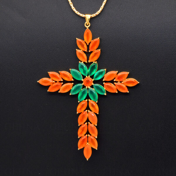 Carnelian & Jade Cross Shape Gemstone Studded 925 Silver Pendant SP02-1145