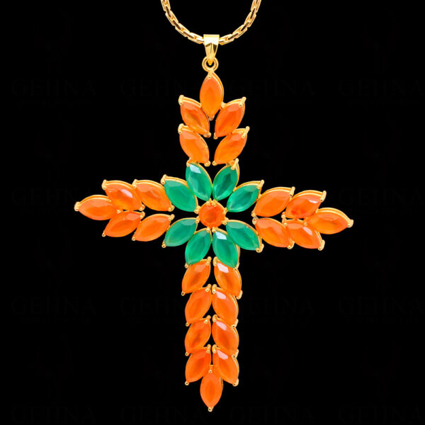 Carnelian & Jade Cross Shape Gemstone Studded 925 Silver Pendant SP02-1145