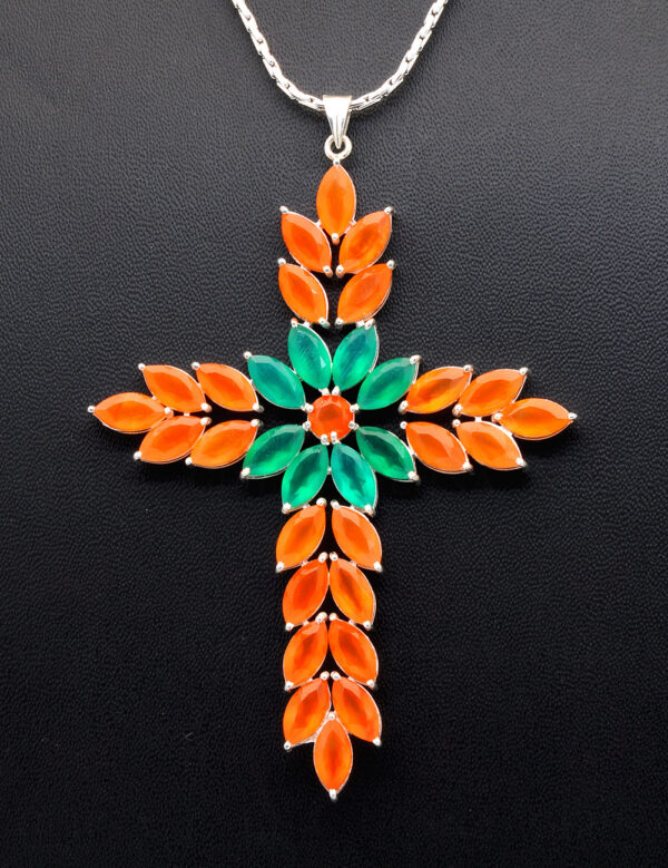 Carnelian & Jade Cross Shape Gemstone Studded 925 Silver Pendant SP02-1146