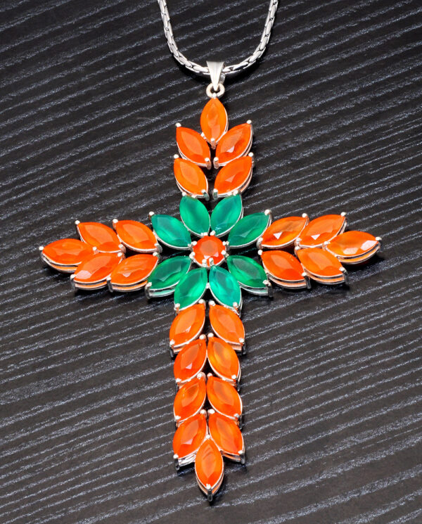 Carnelian & Jade Cross Shape Gemstone Studded 925 Silver Pendant SP02-1146