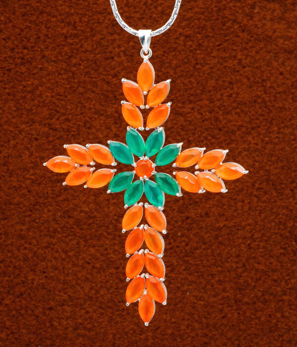 Carnelian & Jade Cross Shape Gemstone Studded 925 Silver Pendant SP02-1146