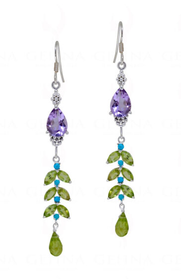 Amethyst, Turquoise & Peridot Gemstone Studded 925 Silver Earrings SE04-1149