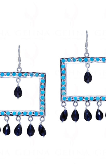 Turquoise & Iolite Pear Shaped Gemstone Studded 925 Silver Earrings SE04-1156
