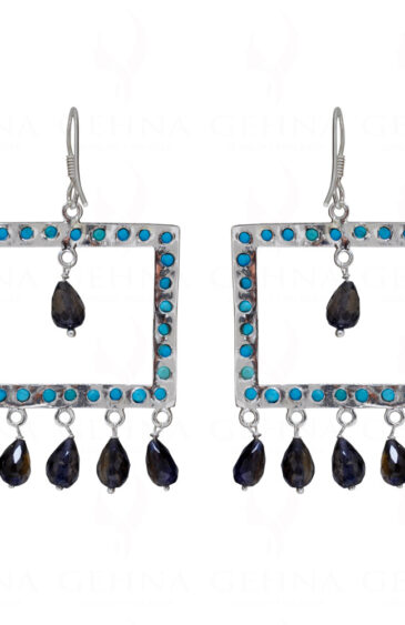 Turquoise & Iolite Pear Shaped Gemstone Studded 925 Silver Earrings SE04-1156