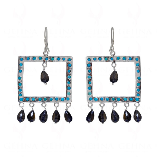 Turquoise & Iolite Pear Shaped Gemstone Studded 925 Silver Earrings SE04-1156