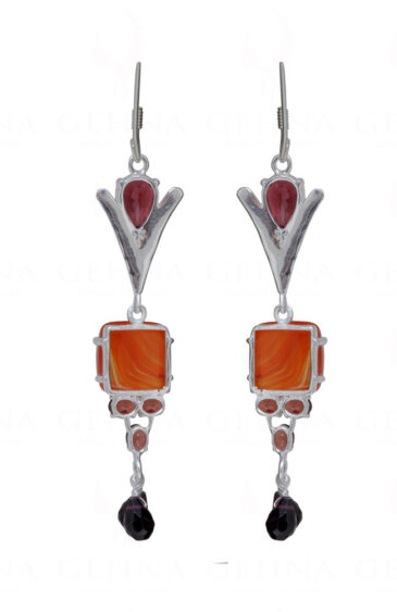 Tourmaline, Garnet & Carnelian Gemstone Studded 925 Silver Earrings  SE04-1158