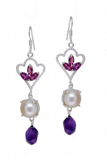 Tourmaline, Pearl & Amethyst Gemstone Studded 925 Silver Earrings SE04-1167