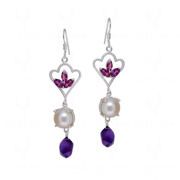 Tourmaline, Pearl & Amethyst Gemstone Studded 925 Silver Earrings SE04-1167