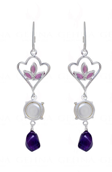 Tourmaline, Pearl & Amethyst Gemstone Studded 925 Silver Earrings SE04-1167