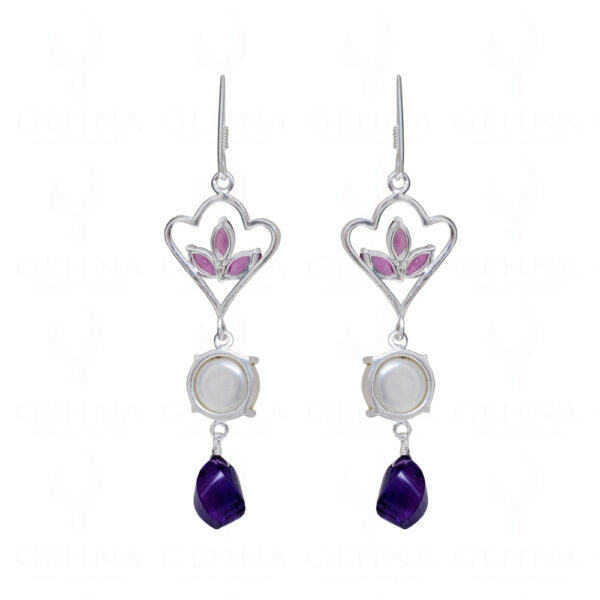 Tourmaline, Pearl & Amethyst Gemstone Studded 925 Silver Earrings SE04-1167