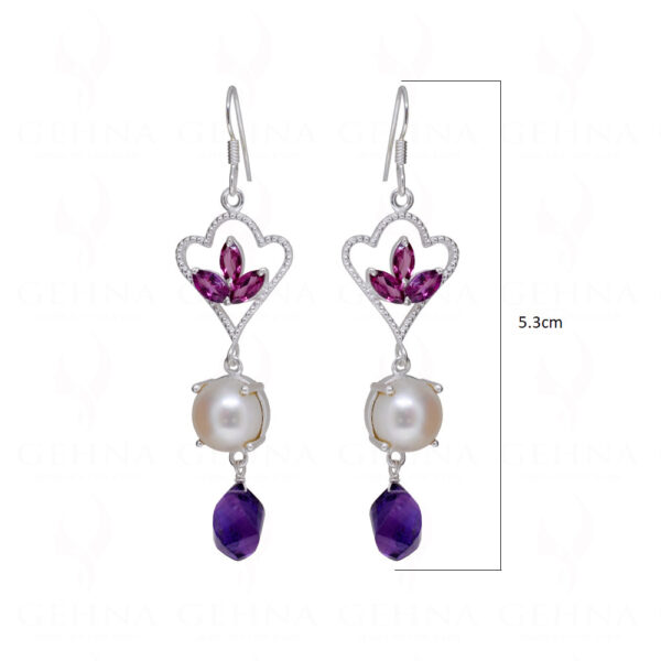 Tourmaline, Pearl & Amethyst Gemstone Studded 925 Silver Earrings SE04-1167