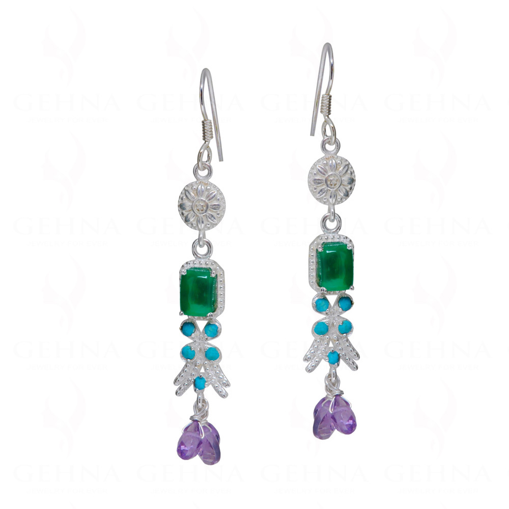 Turquoise, Jade & Amethyst Gemstone Studded 925 Silver Earrings SE04-1172