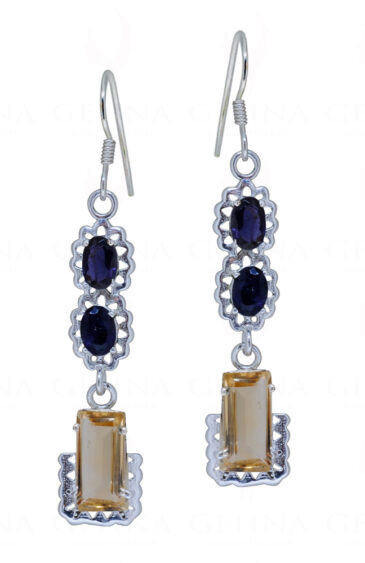 Iolite & Citrine Octagon Shaped Gemstone Studded 925 Silver Earrings SE04-1176