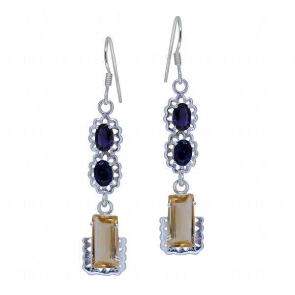 Iolite & Citrine Octagon Shaped Gemstone Studded 925 Silver Earrings SE04-1176