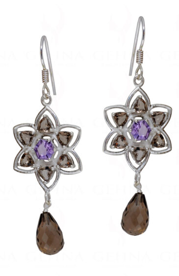 Smoky & Amethyst Gemstone Studded 925 Sterling Silver Earrings SE04-1178