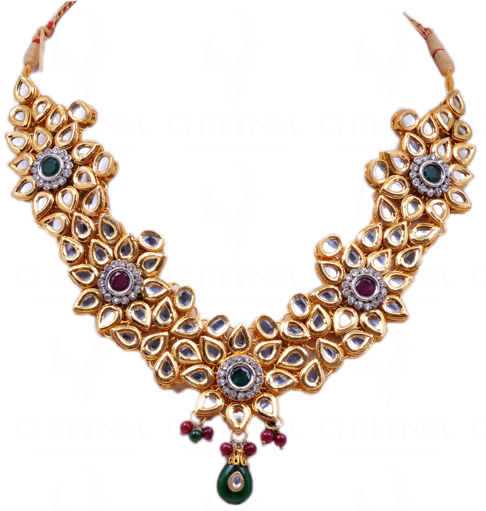 White Topaz, Emerald & Ruby Stone Studded Indian Traditional Necklace Set FN-1001