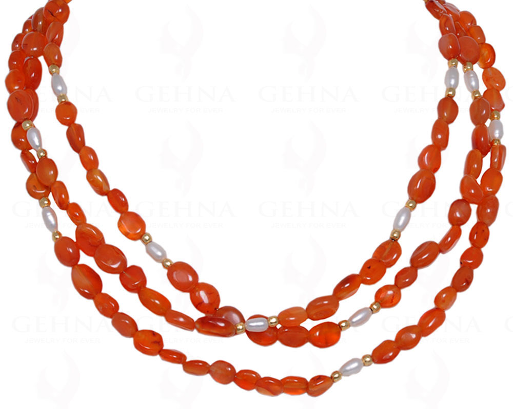 60" Inches Long Pearl & Carnelian Gemstone Oval Shape Bead Necklace NM-1001