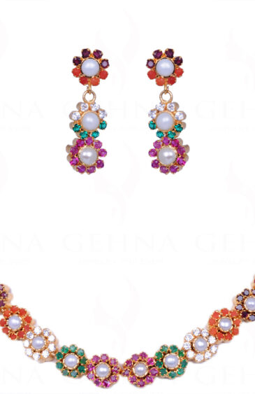 Multicolor Stone Studded Flower Shape Necklace & Earring Set FN-1002