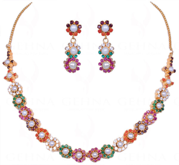 Multicolor Stone Studded Flower Shape Necklace & Earring Set FN-1002