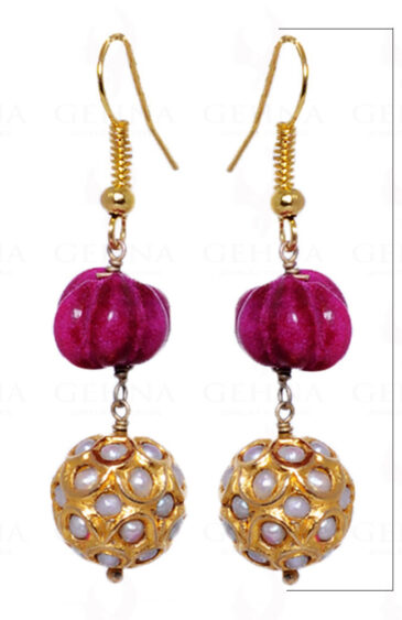 Ruby Gemstone Bead Earrings With Pearl Studded Jadau Ball LE01-1002