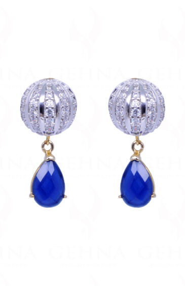 Simulated Diamond & Blue Sapphire Studded Disc Ball Earrings FE-1003