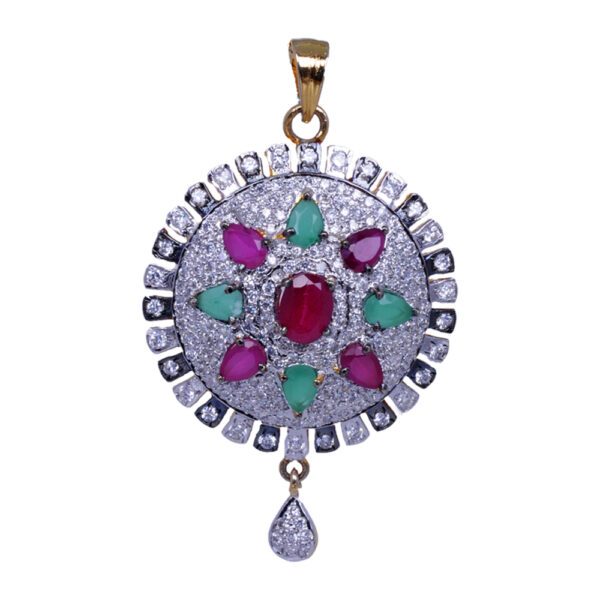 Emerald Ruby & Cubic Zirconia Studded Round Pendant & Earring Set FP-1003