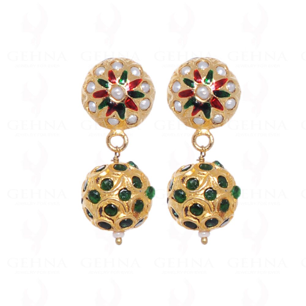 Pearl & Emerald Color Stone Studded Jadau Bead Earrings LE01-1003