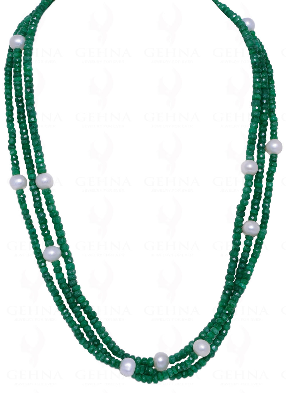 62" Inches Long Pearl & Emerald Gemstone Bead Necklace NM-1003