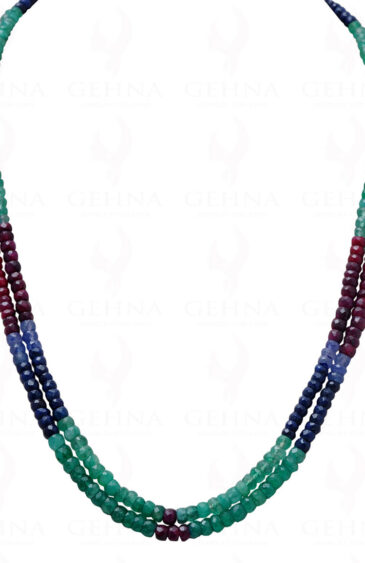 2 Rows Of Emerald, Ruby & Sapphire Gemstone Faceted Bead Necklace NP-1003