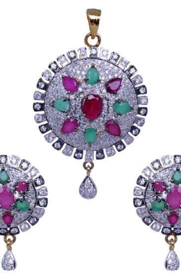 Emerald Ruby & Cubic Zirconia Studded Round Pendant & Earring Set FP-1003