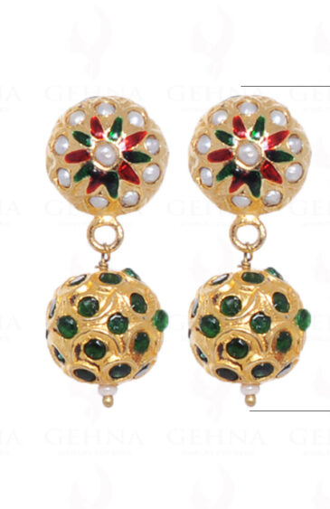 Pearl & Emerald Color Stone Studded Jadau Bead Earrings LE01-1003