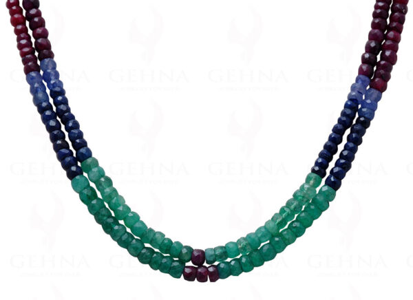 2 Rows Of Emerald, Ruby & Sapphire Gemstone Faceted Bead Necklace NP-1003