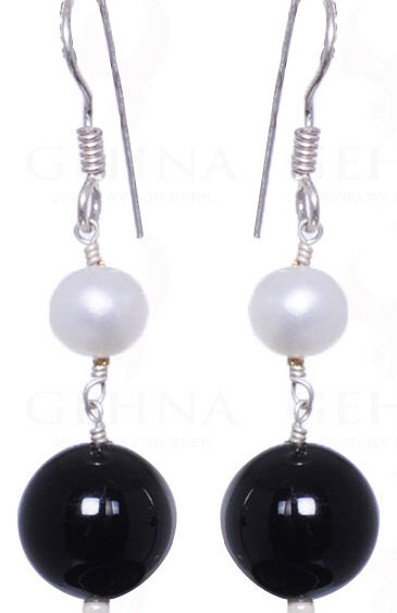 Pearl & Black Onyx Gemstone Earrings Made In .925 Sterling Silver ES-1004