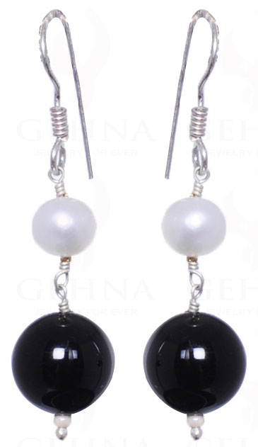 Pearl & Black Onyx Gemstone Earrings Made In .925 Sterling Silver ES-1004