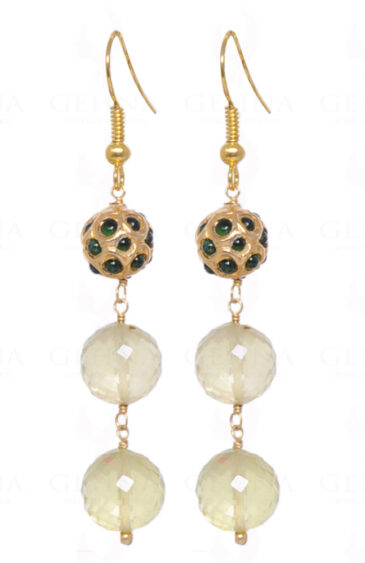 Lemon Topaz Gemstone Bead Earrings With Emerald Studded Jadau Ball LE01-1004
