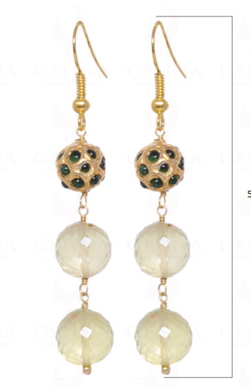 Lemon Topaz Gemstone Bead Earrings With Emerald Studded Jadau Ball LE01-1004