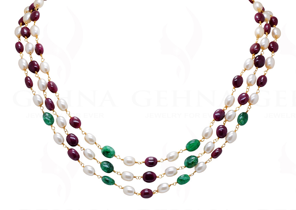3 Row Emerald Pink Spinel Pearl Chain In .925 Sterling Silver Cm1005